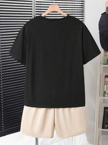 SHEIN Vacaura 青少年男孩休閒舒適長袖連帽衛衣與長褲套裝 - 黑色 - 查看 3