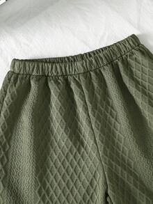 青少年男孩夏季米色與海軍藍休閒極簡主義提花拼接短袖上衣與短褲套裝，寬鬆舒適版型，適合日常出遊、學校活動、家庭聚會、戶外玩耍 - 軍綠色 - 查看 7