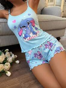 Softscene Cartoon Print Camisole & Shorts Pajama Set For Women - Multicolor - View 3