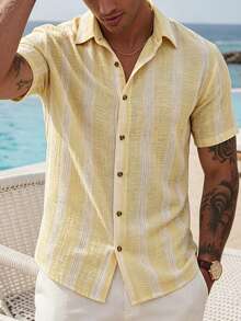 VENTUSAIL Men's Yellow Woven Striped Summer Thin Fitted Casual Vacation Short Sleeve Shirt, Holiday - Yellow - View 5
