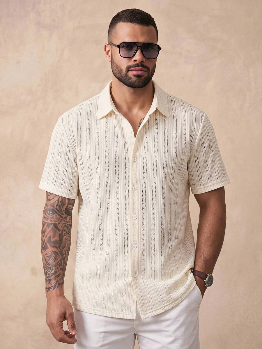 COMVAIL Plus Size Men's Solid Color Front Button Casual Short Sleeve Shirt - Apricot - View 1
