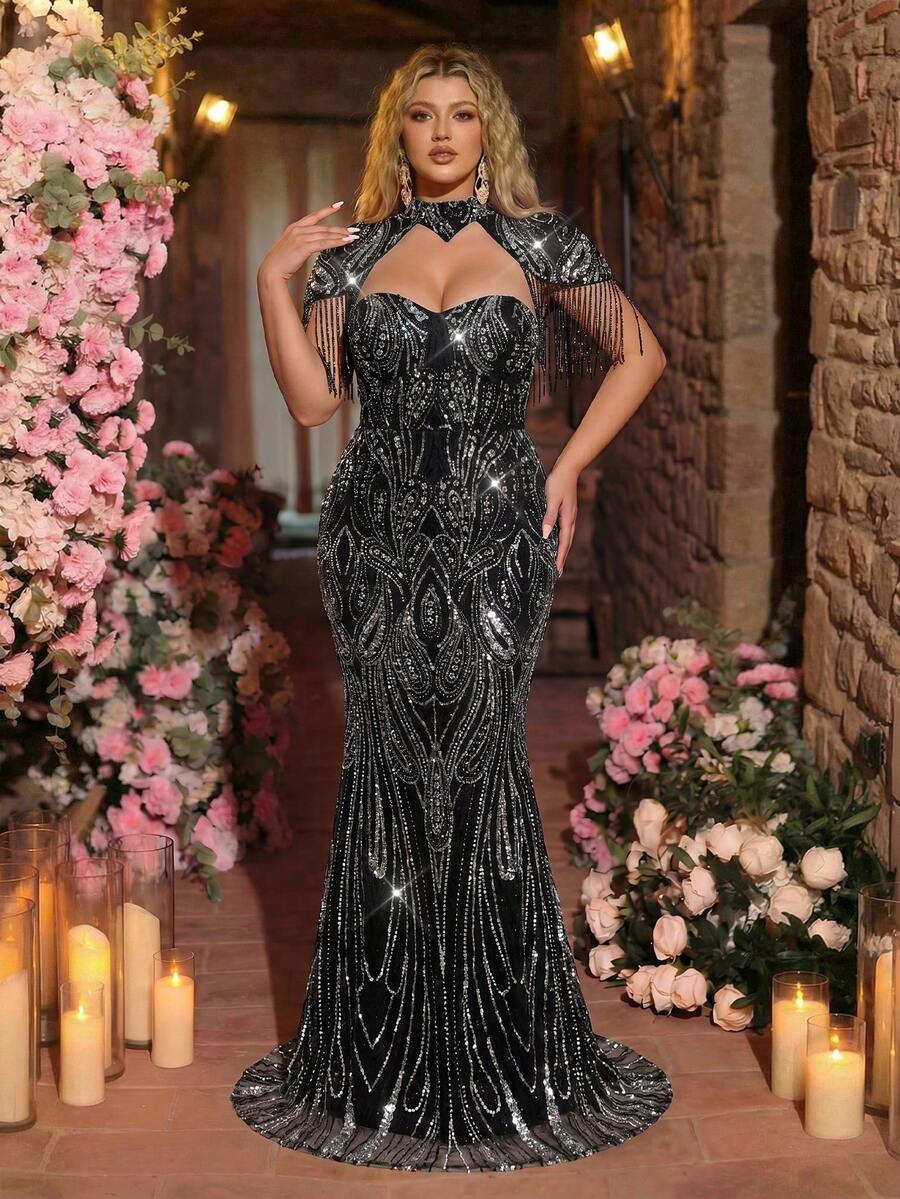Glamrae Plus Size Elegant Classy Formal Beaded Sequin Mermaid Dress Fringe Sleeve Wedding Party Evening Dinner Black Fall - Black - View 1