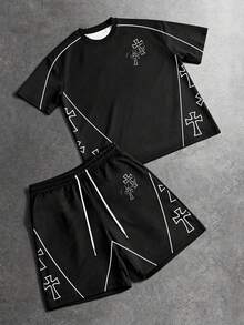 Manfinity EMRG 男士黑色2件式運動套裝，復古Y2K暗黑哥德街頭風白色線條十字印花短袖上衣與抽繩短褲，夏季休閒度假音樂節演唱會夜店派對健身套裝 - 彩色 - 查看 2