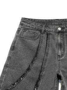 STEELVANCE Men's Streetwear Patchwork Frayed Grey Washed Denim Shorts - Grey - View 3