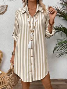 SHEIN Women's Spring/Summer New Striped Casual Vacation Shirt Dress - Coffee - View 5