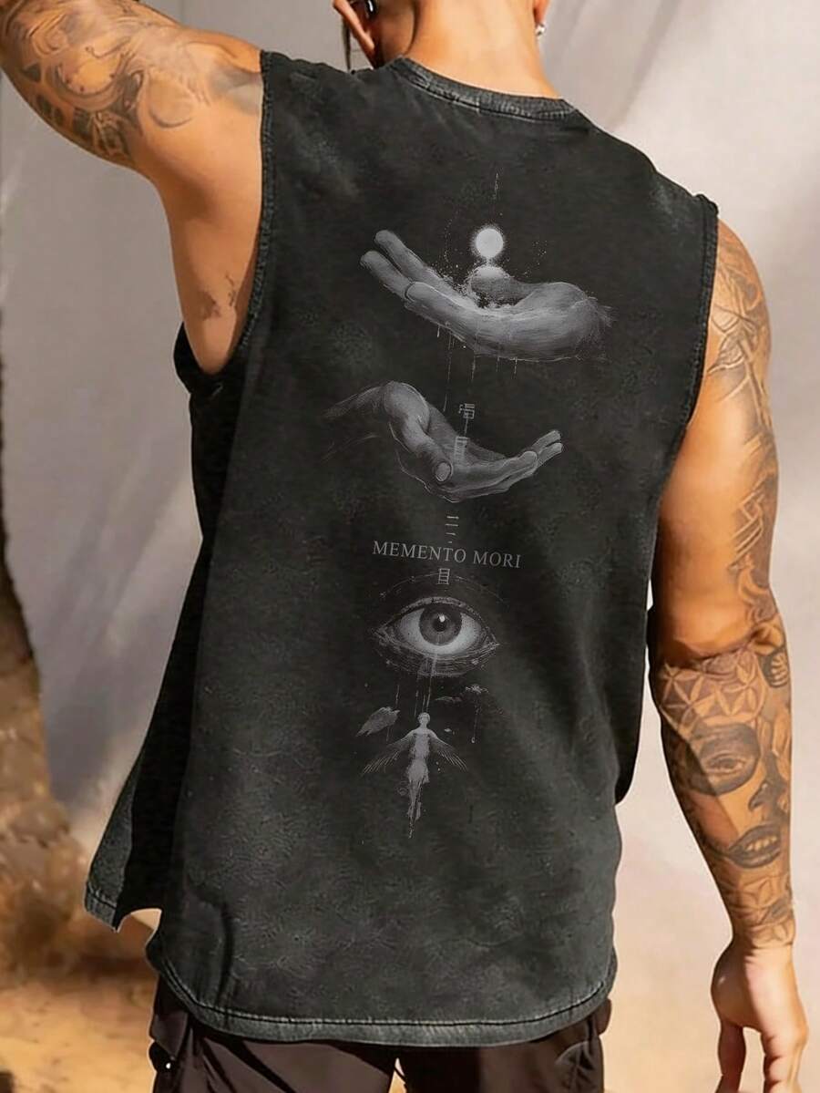 Manfinity Roughcore 男士年輕街頭風哥德式極簡棉質背心,短版剪裁,做舊設計,極簡十字壓紋工藝,質感面料,熱銷款,適合街頭時尚、日常休閒、休閒聚會、戶外活動,度假禮物 - 黑色 - 查看 1