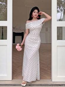 Modelyn 女款波點印花網紗方領收腰抓皺優雅婚禮約會洋裝 - 白色 - 查看 5