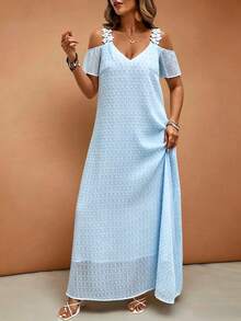 Breezaya Plus Size Spring/Summer Casual Vacation Elegant Commute Lace Trim Solid Color French A-Line Dress - Blue - View 6