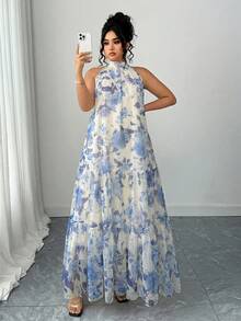 Elenzga Đầm lưới hai lớp không tay dệt hoa thanh lịch dành cho phụ nữ cỡ lớn - Màu xanh lam - Xem 5