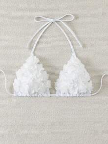 Swim Mod Top de traje de baño de unicolor de verano con flor 3D y cuello de halter - Blanco - Ver 4