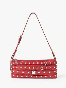 Viva Strut Ladies Bag, Hot Girl, Sweet Cool Girl, Y2Y, Punk, Rivet Decoration, Gas Eye Decoration, Red, Shoulder Square Bag, Zipper Opening And Closing, Suitable For Daily Commuting, Shopping, Travel - Red - View 1