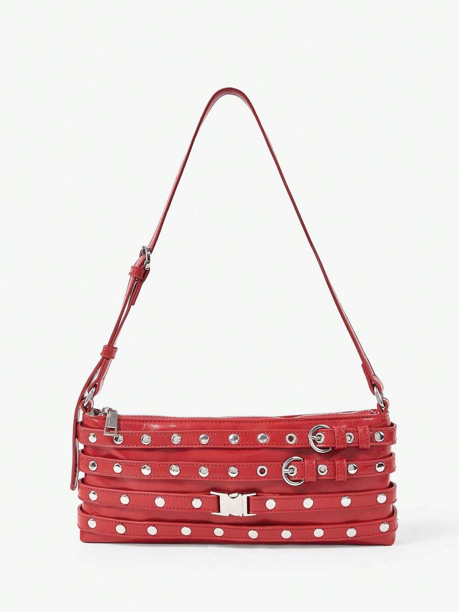 Viva Strut Ladies Bag, Hot Girl, Sweet Cool Girl, Y2Y, Punk, Rivet Decoration, Gas Eye Decoration, Red, Shoulder Square Bag, Zipper Opening And Closing, Suitable For Daily Commuting, Shopping, Travel - Red - View 1