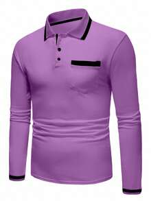 Manfinity Homme Men's Versatile Business Button Half-Placket Pocket Long Sleeve Polo Shirt - Violet Purple - View 3
