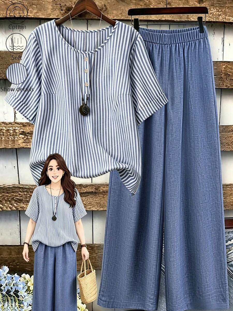 Linhara Plus Size Women's Round Neck Navy Blue Light Blue Striped Short Sleeve Shirt And Solid Color Comfortable Casual Long Pants Set Summer Vacation Brunch - Blue - View 1