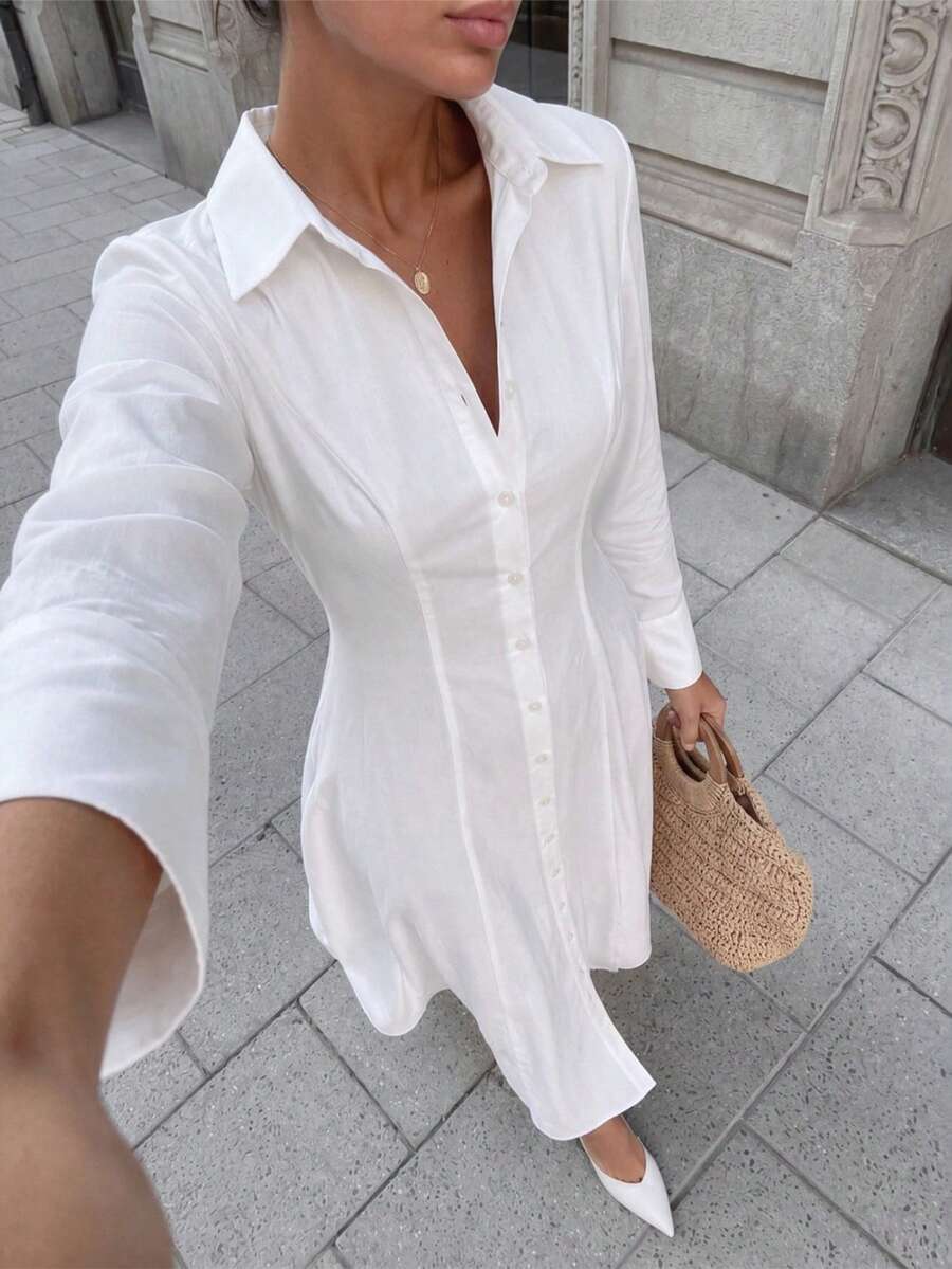 COSMINA 女款休閒百搭長版襯衫洋裝,適合外出穿著 - 白色 - 查看 1