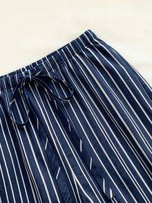 SHEIN EZwear 女款休閒繫腰直筒長褲，適合夏季穿著 - 藍白色 - 查看 3