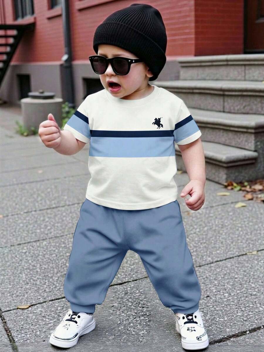 2pcs Baby Boys Casual Cowboy Loose Comfortable Short Sleeve T-Shirt And Pants Set Suitable For Spring Summer Holiday Evening Navy Blue Powder Blue - Multicolor - View 1
