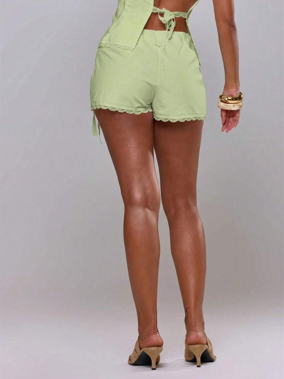 Linen Feel Lace Trim Self Tie Mini Skirt Spring Summer Vacation Holiday Ibiza Boho Elegant Casual Festival Beach Lime Green