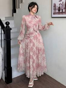 Modelyn 女士蓝色系带领褶皱腰身连衣裙，适合春秋季户外穿着 - 粉色 - 查看 3