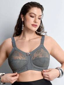 Slumbrini Women's Lightweight Daily Bra, Plus Size Full Coverage Wireless Lace Breathable Seamless Bra, Lift & Support - Grey - View 5