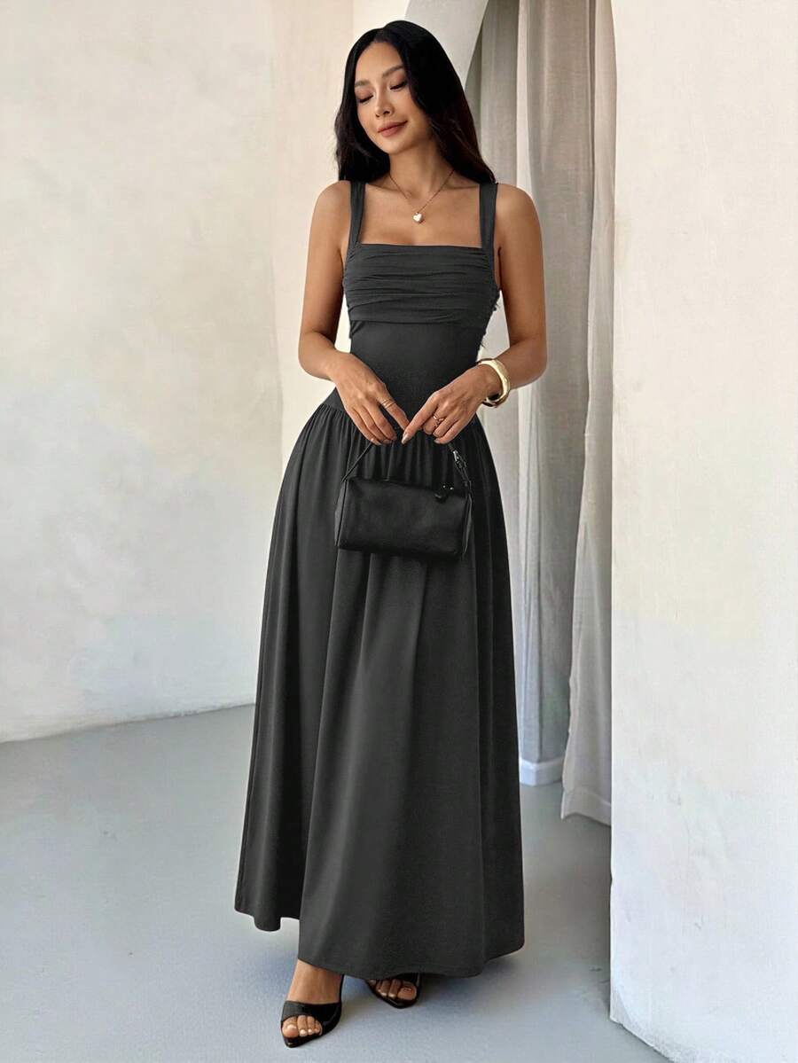 SHEIN PETITE 女款優雅純色咖啡棕方領喇叭裙,春/夏 - 深灰色 - 查看 1