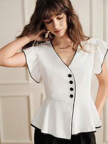 SHEIN Revavyn 女款優雅通勤風荷葉邊飾不對稱前開襟背心上衣 - 黑與白 - 查看 4