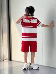 Casuvi Kids 男童休闲学院风白红条纹polo衫+红色梭织短裤套装（2件），适合夏季户外活动 - 紅色 - 查看 3