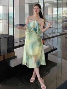 DAZY 大码女式荷叶边碎花中长连衣裙，休闲女式度假连衣裙 - 綠色 - 查看 2