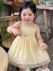 Dazy Kids 嬰兒/幼兒(女童)圓領刺繡卡通可愛無袖中長洋裝 - 杏色 - 查看 5