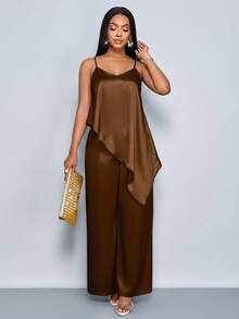 SOLERSUN 2pcs/Set Women's Summer Fashion Casual Elegant Coffee Brown Satin Asymmetrical Camisole Top And Wide Leg Pants Set Adjustable Strap Cami Top Sexy - Coffee Brown - View 5