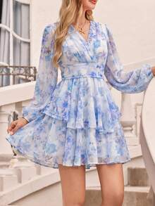 Amorya Women's Floral Print Lantern Sleeve Ruffle Hem Elegant Romantic Boho Mini Dress For Vacation Vacation White And Blue And Floral Autumn Vacation - Blue - View 6
