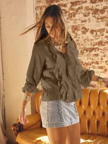 Aralina Ruffled V-Neck Long Sleeve Front Tie Blouse - Chocolate Brown - View 6