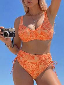 SHEIN Swim European & American Plus Size Orange Shell Print Bikini Set, High Waist Drawstring Tummy Control Swimwear, Vintage Ruched Slimming Two Pieces Set - Orange - View 3
