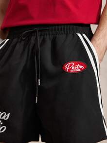 Men's Summer Black And White Streetwear Shorts, Woven Elastic Waist Drawstring Casual Gym Shorts, Webbing Decor Retro Punk 2 Rapper Clothing, 1pcs - Black - View 4