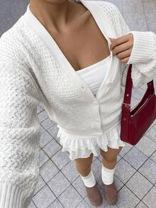Autumina 女式纯色前扣 V 领休闲长袖开衫、长袖上衣 - 白色 - 查看 5