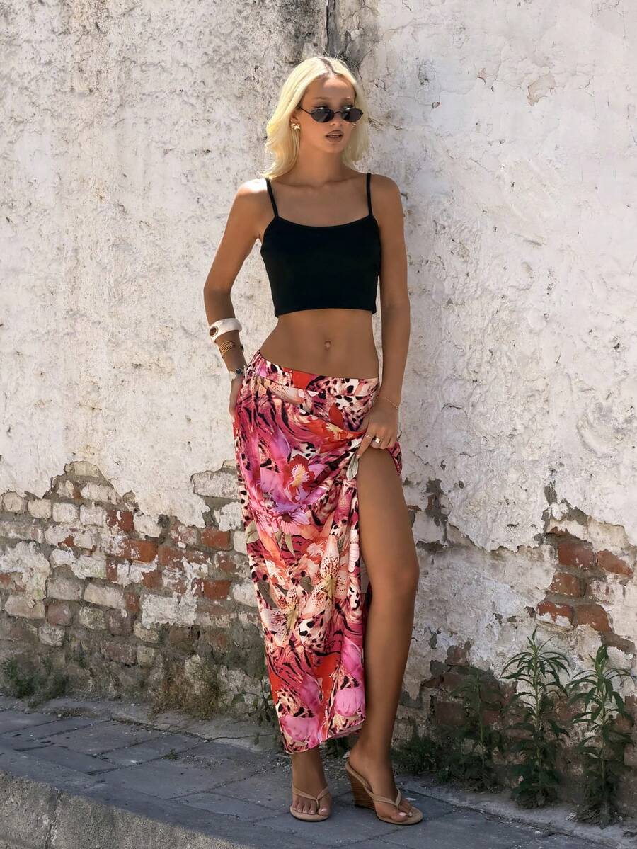 SHEIN 優雅度假風開衩長裙女款兩件組套裝 - 粉色 - 查看 1