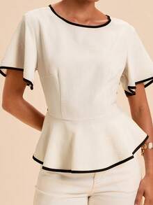 Travachic Summer Women's Round Neck Patchwork Contrast Color Waist-Cinched Tie-Up Woven Top Teachers' Day Brunch Black And White Elegant French - Apricot - View 6