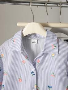SHEIN Genkimix Kids 女童仿刺繡圖案藍白條紋印花襯衫，清新輕盈設計，領口長袖寬鬆休閒襯衫，花卉圖案，春秋休閒襯衫 - 彩色 - 查看 7