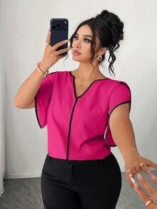 SHEIN Elenzya Plus Size Women's Pink Colorblock Trim Textured Fashion Vacation Shirt - Hot Pink - View 3