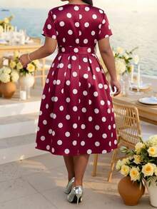 Fleurora Plus Size Women's V-Neck Burgundy Pleated 1920s Traditional 90s 1950s Vintage Elegant Evening Wedding Guest Cocktail Party Formal Tea Dress Summer - Burgundy - View 3