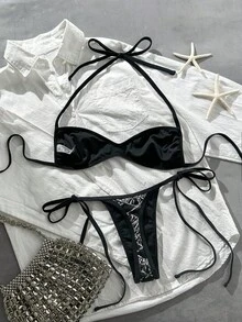 Costavie 2件組比基尼套裝，春夏海灘度假，亮片紋理布料，掛脖平胸式上衣與側綁繩丁字褲，性感比基尼套裝 - 彩色 - 查看 2