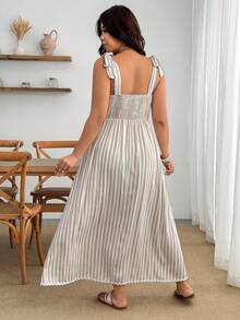 Enliva Plus-Size Sleeveless White Striped Midi Dress, Fashionable Boho Summer Vacation Casual Style. Beach - Apricot - View 2