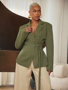 Vixey Solid Woven Notched Collar Wrap Around Oversized Blazer, Business Casual, Workwear, Polished, Tailored, Desk To Dinner, Power Dressing - Green - View 5