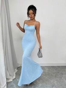 Selianne Banquet Glitter Sequined Spaghetti Strap Lace-Up Backless Mermaid Women's Dress - Baby Blue - View 7