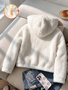 SHEIN 1件女童冬季白色搖粒絨外套，韓系簡約連帽拉鍊設計，加厚長袖短版寬鬆版型，搖粒絨面料，適合日常、校園、旅行穿著，溫柔百搭熱銷款 - 白色 - 查看 2