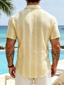 VENTUSAIL Men's Yellow Woven Striped Summer Thin Fitted Casual Vacation Short Sleeve Shirt, Holiday - Yellow - View 2