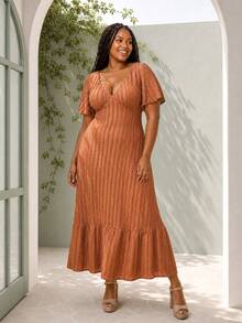 ELLERISSA Plus Size Brown Deep V Flute Sleeve Textured Lace Maxi Dress With Ruffle Hem - Brown - View 1
