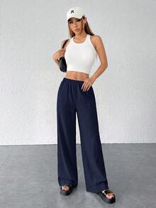SHEIN PETITE 女款紋理簡約寬鬆寬腿長褲 - 藏蓝色 - 查看 3