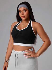 SHEIN Rhythm Era Plus Size Women's Seamless Yoga Tank Top, Women's Fitness Yoga Top, Sports Apparel, Backless Ruched Tank Top Gym Sports Black And White Summer - Black - View 4