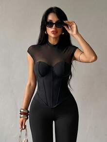 SHEIN SXY 女款性感網紗修身半透上衣 - 黑色 - 查看 6